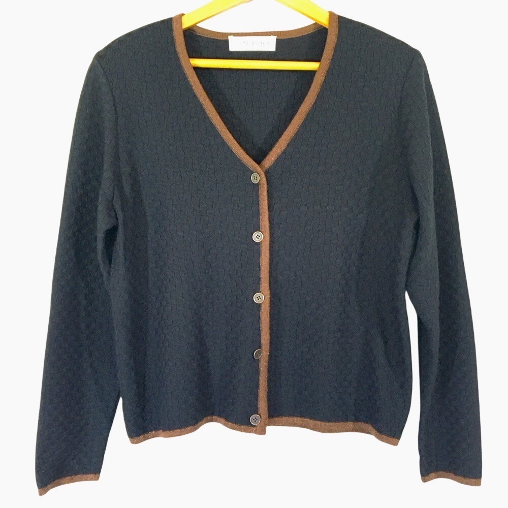 Outlander Basketweave‎ Knit V-Neck Contrast Trim Cardigan Sweater Black Brown